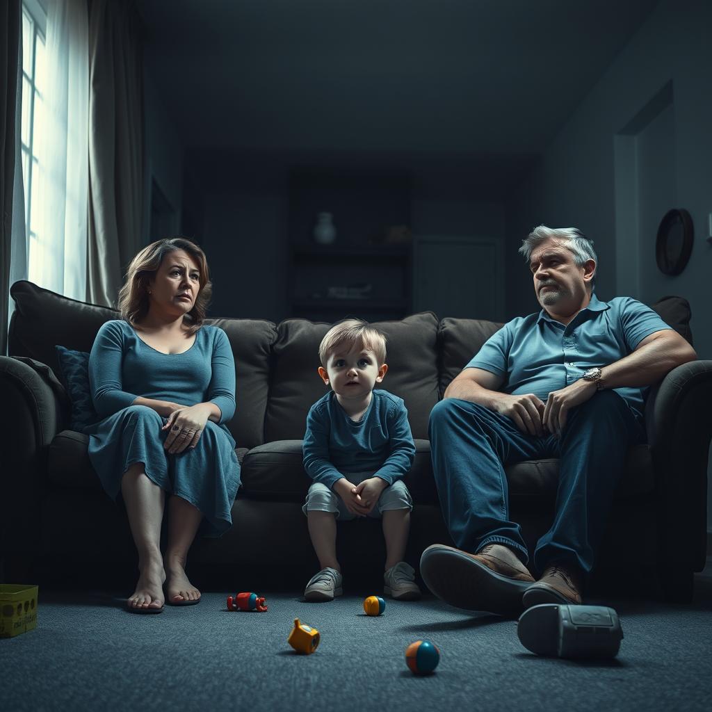 A poignant depiction of a broken family, showcasing a mother and a father sitting on opposite ends of a couch, both looking away with expressions of sadness and frustration