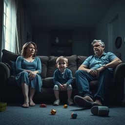 A poignant depiction of a broken family, showcasing a mother and a father sitting on opposite ends of a couch, both looking away with expressions of sadness and frustration