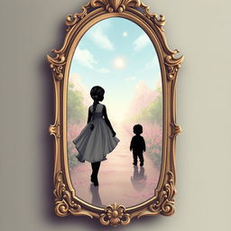 A magical mirror serving as a portal to a dream world, framed in an ornate Baroque arch