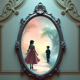 A magical mirror serving as a portal to a dream world, framed in an ornate Baroque arch