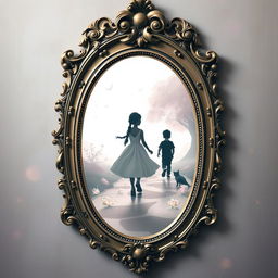 A magical mirror serving as a portal to a dream world, framed in an ornate Baroque arch