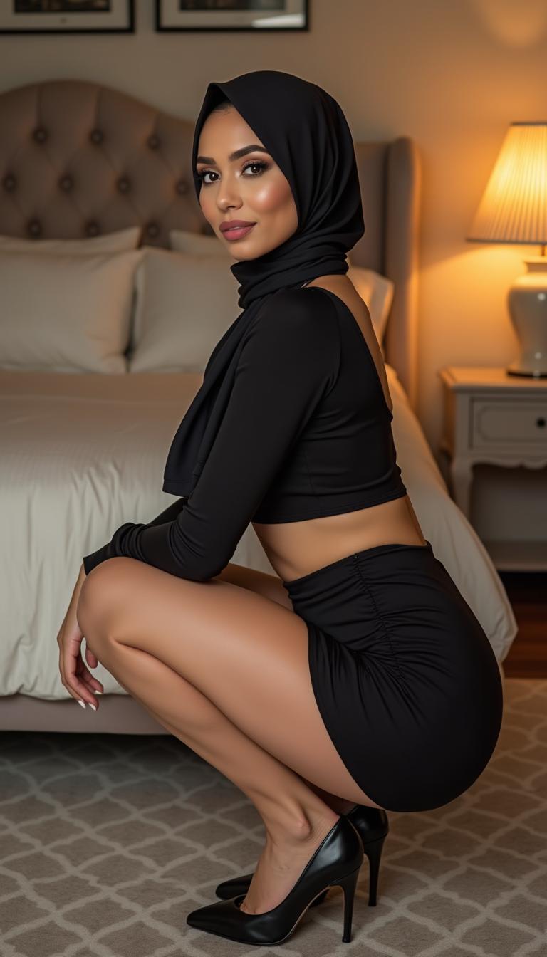 A 47-year-old classy woman wearing an elegant hijab, in a stylish bedroom setting, squatting gracefully to showcase her perfect body