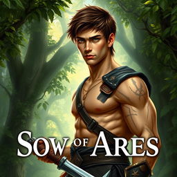A fantasy book cover featuring a character who is the son of Ares, aged 17
