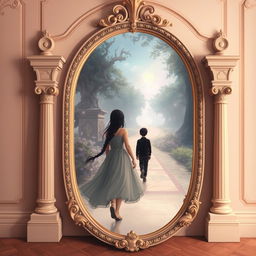 A magical mirror serving as a portal to a dream world, situated within a beautiful Baroque-style arch with ornate columns