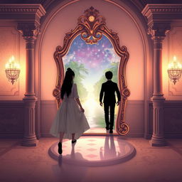 A magical mirror serving as a portal to a dream world, situated within a beautiful Baroque-style arch with ornate columns