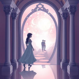 A magical mirror serving as a portal to a dream world, situated within a beautiful Baroque-style arch with ornate columns