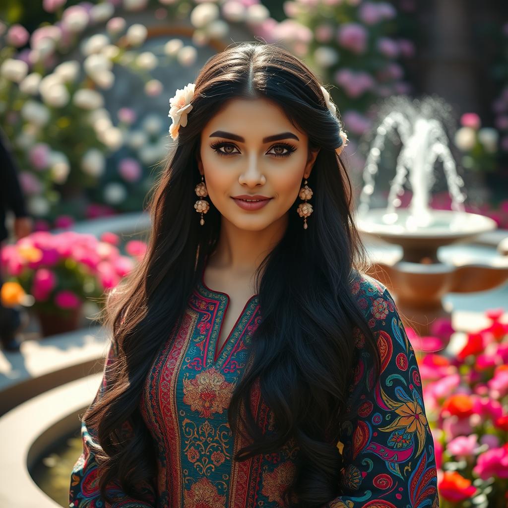 A beautiful portrait of a Persian woman dressed in traditional Persian attire, showcasing intricate patterns and vibrant colors