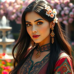 A beautiful portrait of a Persian woman dressed in traditional Persian attire, showcasing intricate patterns and vibrant colors