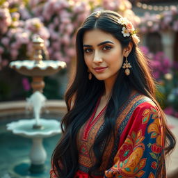 A beautiful portrait of a Persian woman dressed in traditional Persian attire, showcasing intricate patterns and vibrant colors