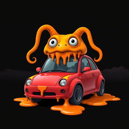 A captivating digital illustration of a red car featuring a whimsical large head that appears to be floating above it