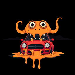 A captivating digital illustration of a red car featuring a whimsical large head that appears to be floating above it