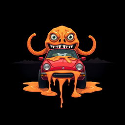 A captivating digital illustration of a red car featuring a whimsical large head that appears to be floating above it