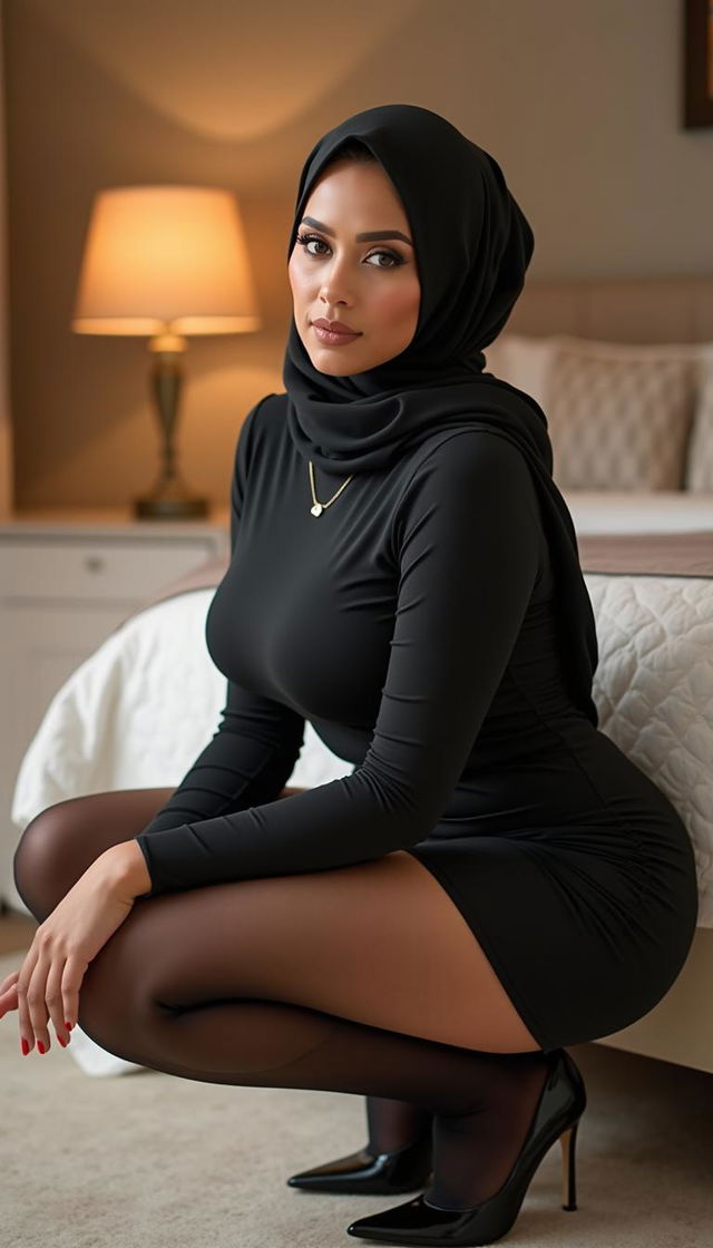 A 47-year-old classy woman wearing an elegant hijab, set in a beautifully styled bedroom environment