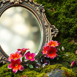 A beautiful ancient mirror adorned with sparkling crystals and radiant flowers, placed against a lush mossy background