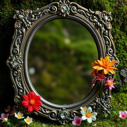 A beautiful ancient mirror adorned with sparkling crystals and radiant flowers, placed against a lush mossy background