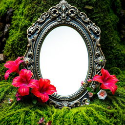 A beautiful ancient mirror adorned with sparkling crystals and radiant flowers, placed against a lush mossy background