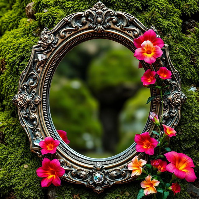 A beautiful ancient mirror adorned with sparkling crystals and radiant flowers, placed against a lush mossy background