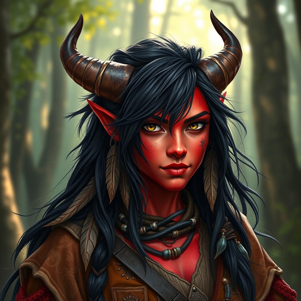 A stunning portrait of a female tiefling bloodhunter with vibrant red skin and distinct horns