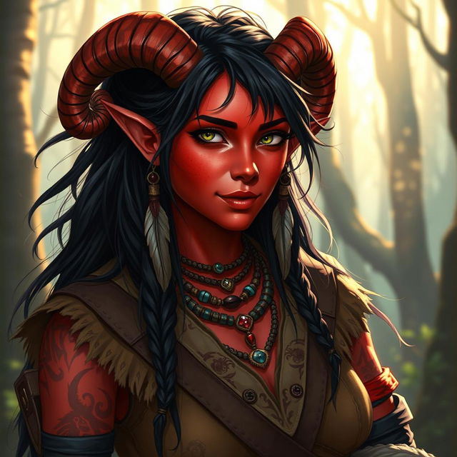 A stunning portrait of a female tiefling bloodhunter with vibrant red skin and distinct horns