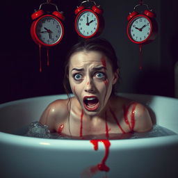 A woman in a bathtub, water splashing around her as blood drips down her face and body