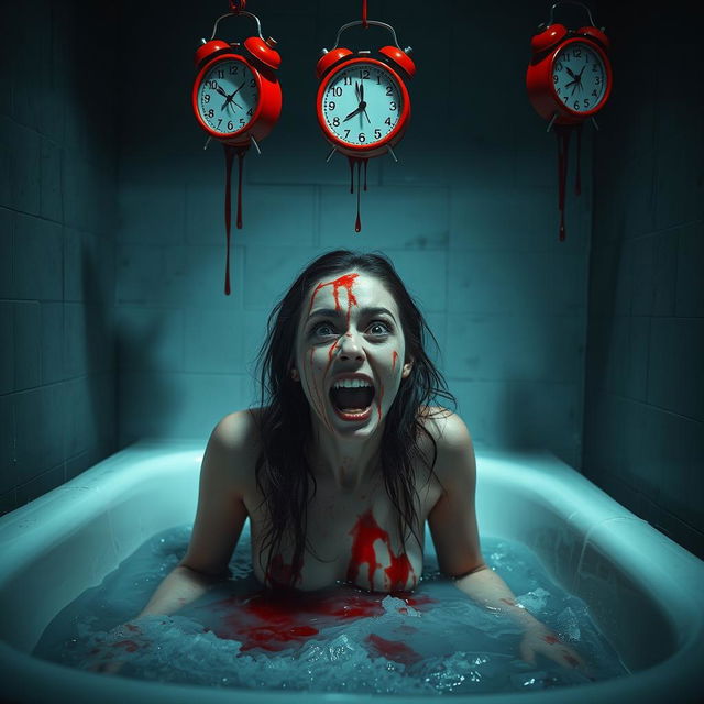 A woman in a bathtub, water splashing around her as blood drips down her face and body