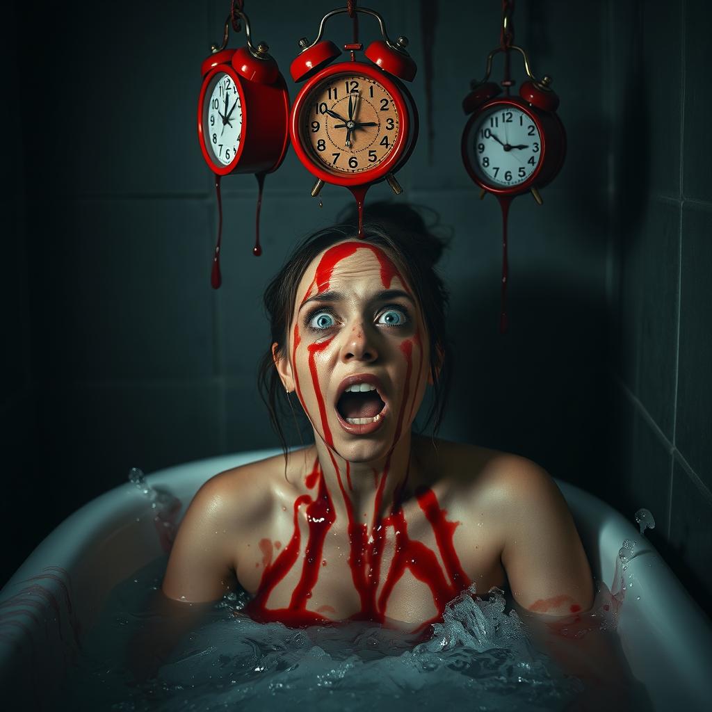 A woman in a bathtub, water splashing around her as blood drips down her face and body