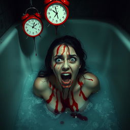 A woman in a bathtub, water splashing around her as blood drips down her face and body