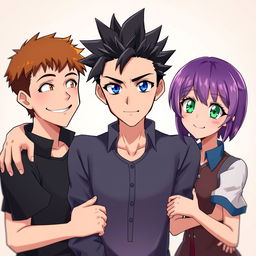 Three anime-style characters positioned closely with arms around each other