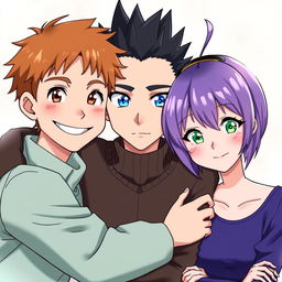 Three anime-style characters positioned closely with arms around each other
