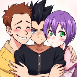 Three anime-style characters positioned closely with arms around each other