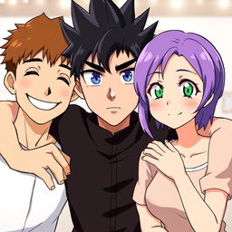 Three anime-style characters positioned closely with arms around each other