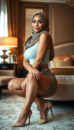 A 47-year-old classy woman wearing an elegant hijab in a stylish bedroom setting