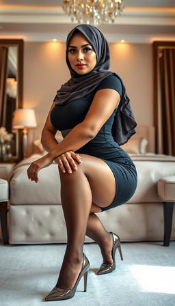 A 47-year-old classy woman wearing an elegant hijab in a stylish bedroom setting