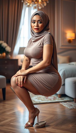 A 47-year-old classy woman wearing an elegant hijab in a stylish bedroom setting
