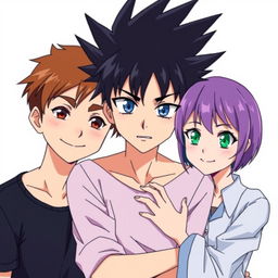 Three anime-style characters positioned closely with arms around each other