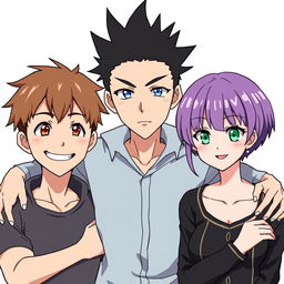 Three anime-style characters positioned closely with arms around each other