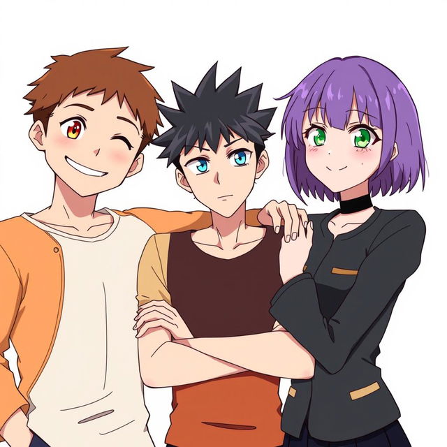 Three anime-style characters positioned closely with arms around each other