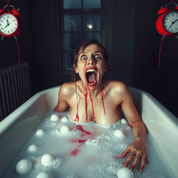 A woman appearing to melt in a bathtub filled with superacid, her body partially submerged as blood drips down her face and body