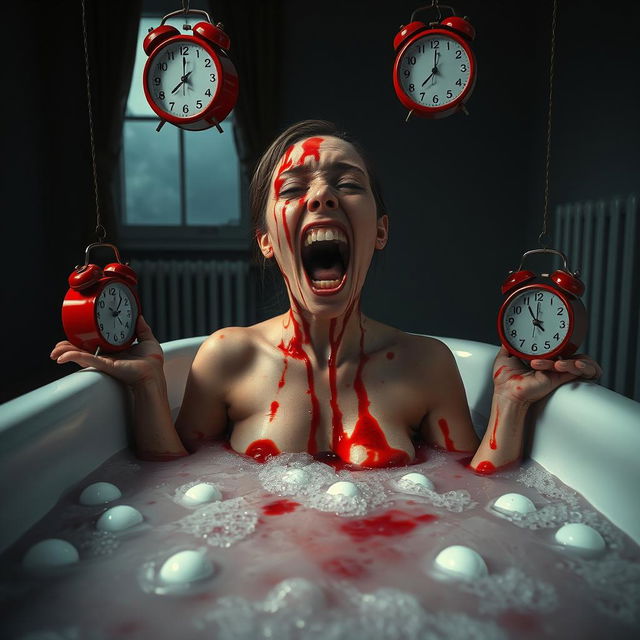 A woman appearing to melt in a bathtub filled with superacid, her body partially submerged as blood drips down her face and body