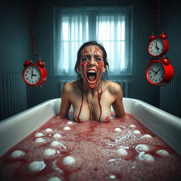 A woman appearing to melt in a bathtub filled with superacid, her body partially submerged as blood drips down her face and body