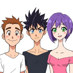 Three anime-style characters standing closely together, looking forward