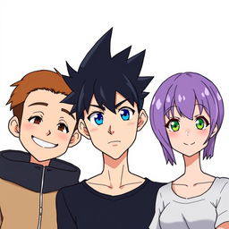Three anime-style characters standing closely together, looking forward