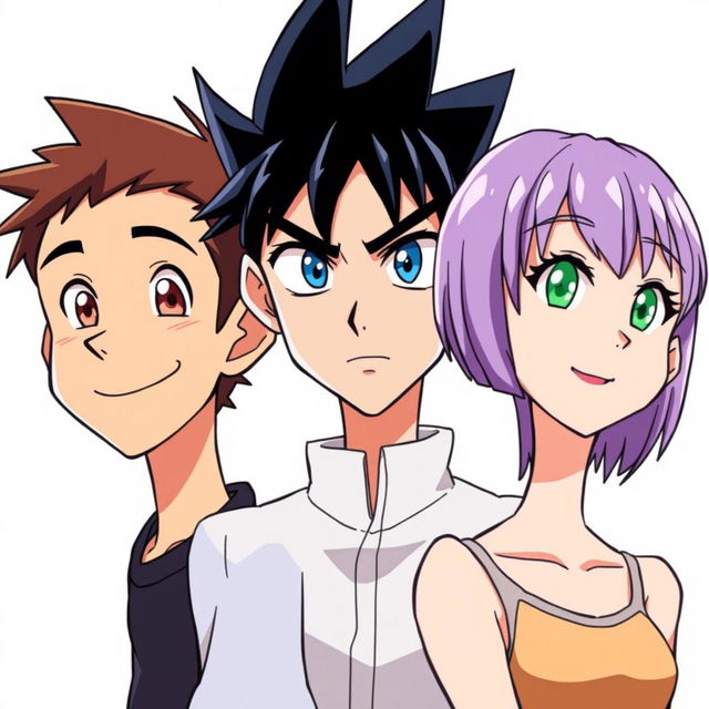 Three anime-style characters standing closely together, looking forward