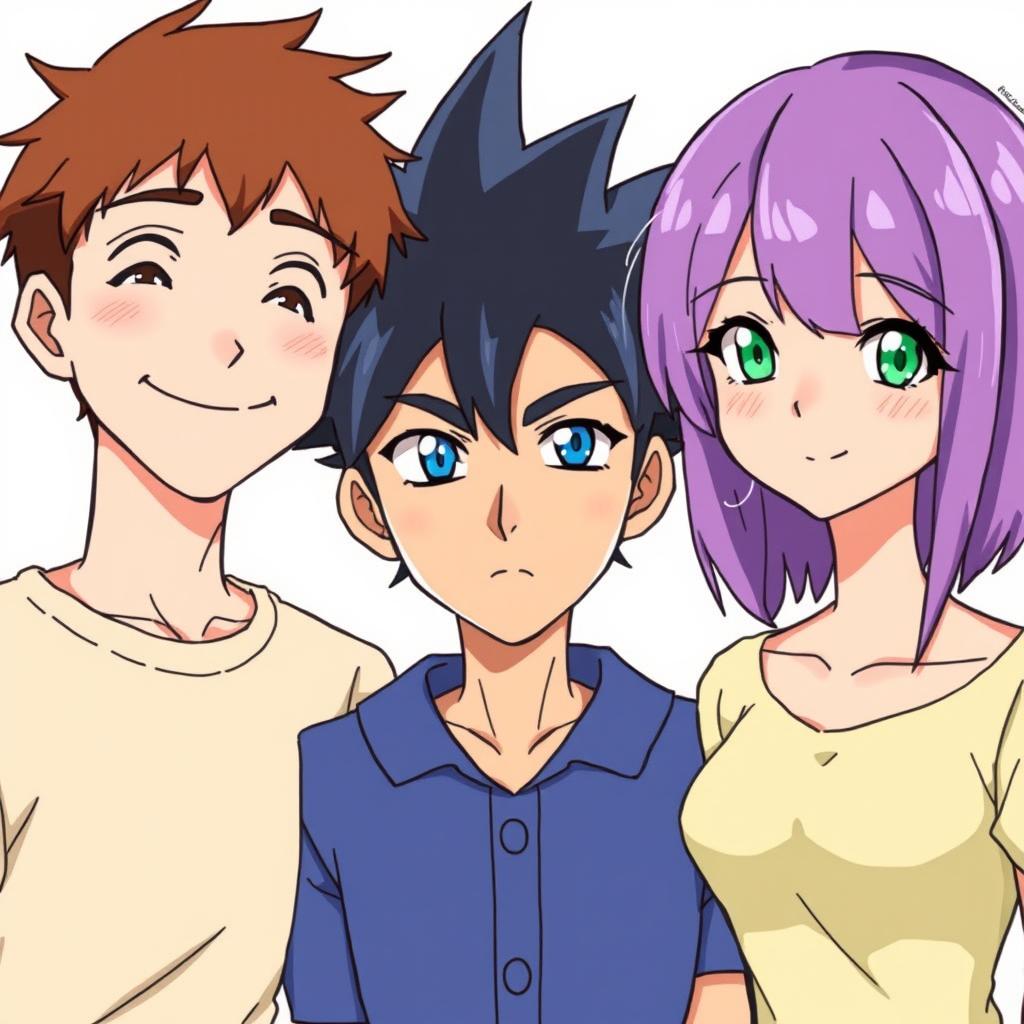 Three anime-style characters standing closely together, looking forward