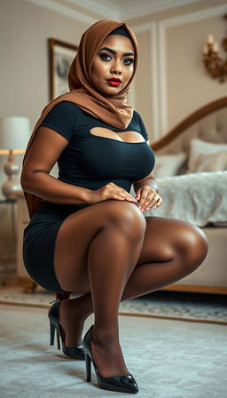 A 47-year-old classy woman wearing an elegant hijab, squatting in a chic bedroom