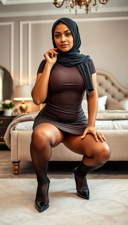 A 47-year-old classy woman wearing an elegant hijab, squatting in a chic bedroom