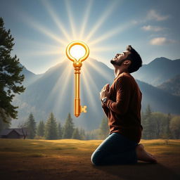 An inspirational and spiritual scene depicting a person kneeling in prayer, surrounded by a tranquil environment illuminated by rays of heavenly light