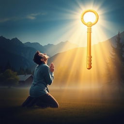 An inspirational and spiritual scene depicting a person kneeling in prayer, surrounded by a tranquil environment illuminated by rays of heavenly light