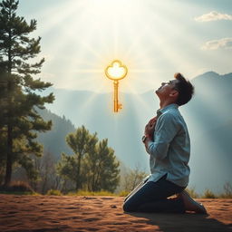 An inspirational and spiritual scene depicting a person kneeling in prayer, surrounded by a tranquil environment illuminated by rays of heavenly light