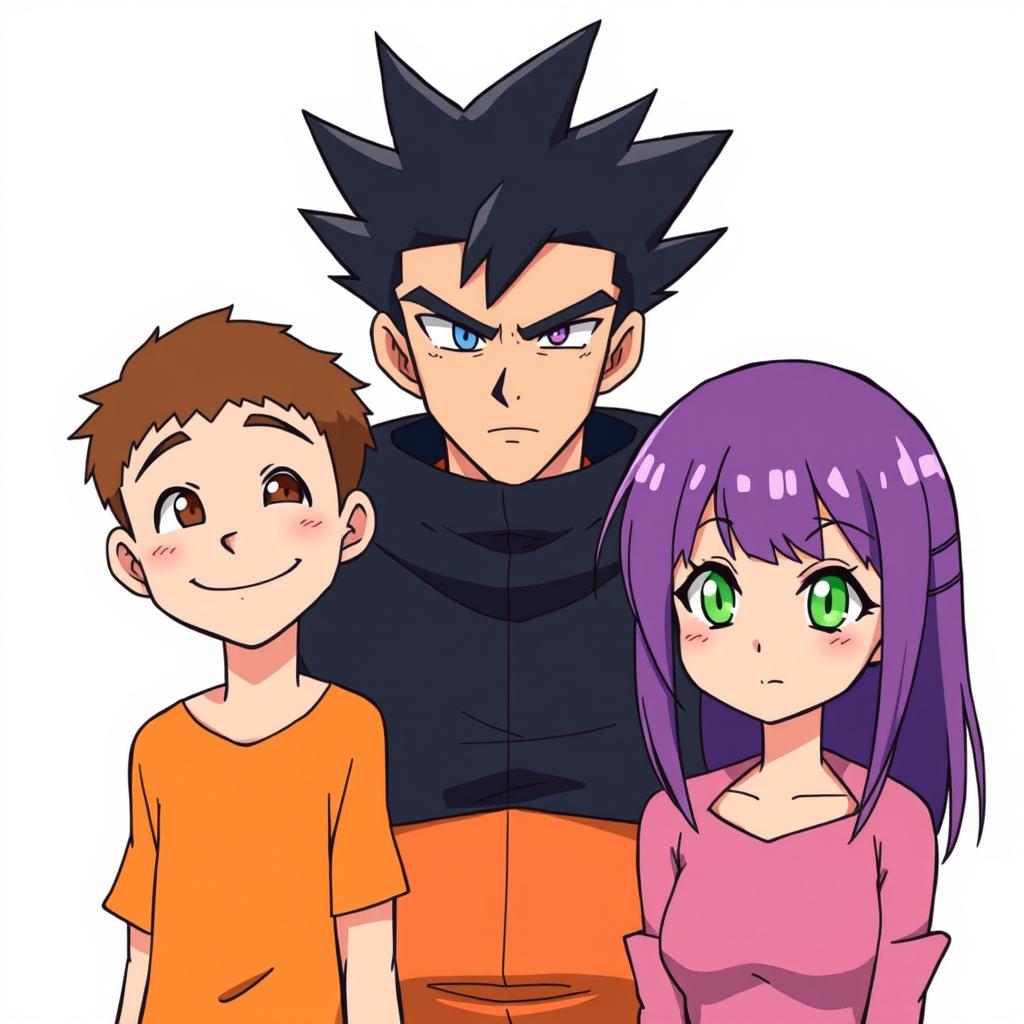 Three anime-style characters standing closely together and looking forward